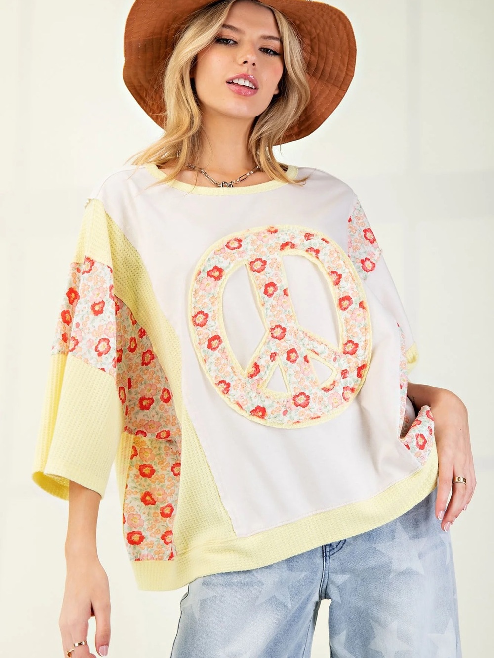 Easel Yellow Multi Floral Mixed Media Peace Sign Oversized Short Sleeve Top SZ S